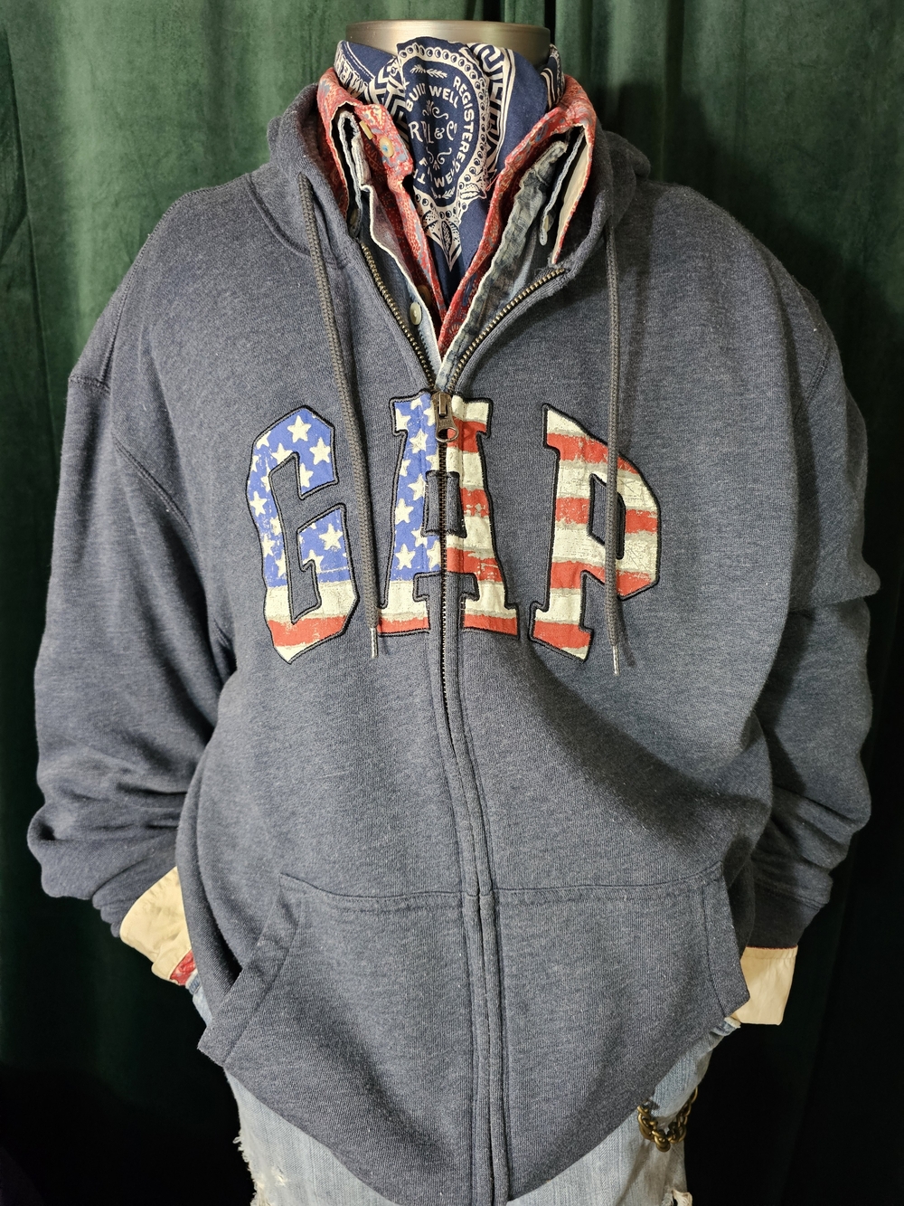 GAP Men's Zip Hoodie in Navy with American Flag Logo